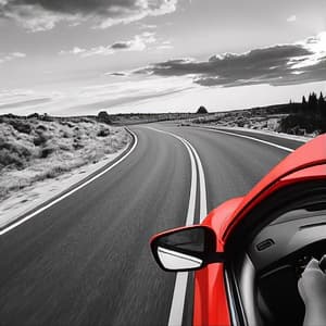 Red car driving on a road under an open sky