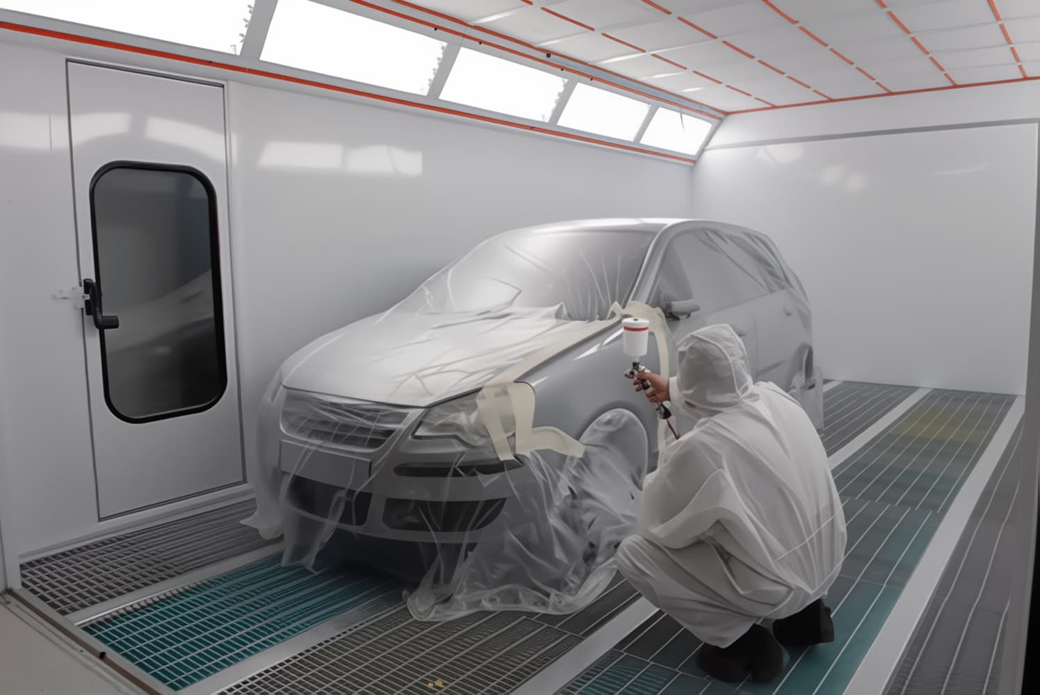 Person in PPE painting car